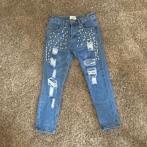 Embellished Ripped Ankle Denim Jeans
